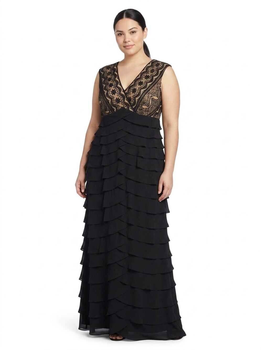 Adrianna Papell Boutique Black Maxi Ruffle Lace Dress Women Plus Size 14W